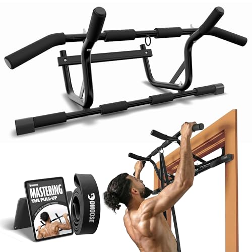 DMoose Fitness Pull Up Bar for Doorway - Upto 250 Lbs Capacity, No Screwing or Slipping, Hanging Pullup & Chin Up Bar for Door Frame - Multi Padded Grips for Strength Training with Installation Guide - color: Black