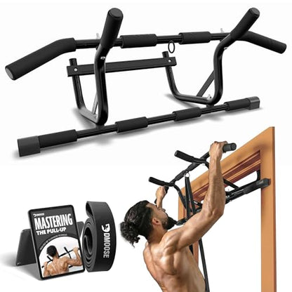 DMoose Fitness Pull Up Bar for Doorway - Upto 250 Lbs Capacity, No Screwing or Slipping, Hanging Pullup & Chin Up Bar for Door Frame - Multi Padded Grips for Strength Training with Installation Guide