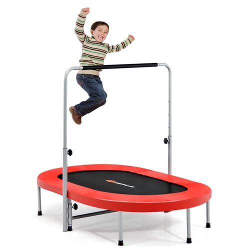 Goplus Double Mini Trampoline for Kids, Foldable Rebounder Trampoline with Adjustable Central Handrail and Safety Pad, Fitness Rebounder for Indoor Outdoor Cardio, Max Load 330lbs - color: Red