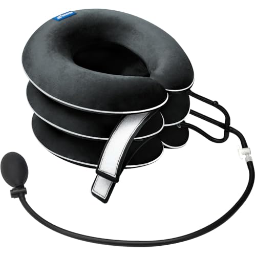 Cervical Neck Traction Device for Neck Pain Relief - Inflatable Neck Stretcher Collar for Decompression - Best Home Use Neck Brace Pump (Black Plush) - color: P. Black