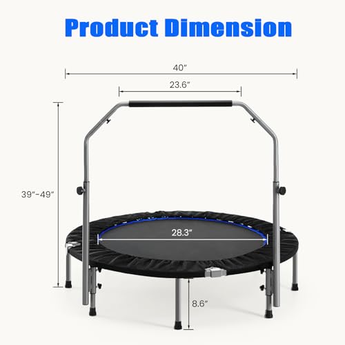 48" Foldable Mini Trampoline for Kids & Adults, Fitness Rebounder with 5-Level Adjustable Foam Handle, Max Load 450 lbs, Indoor/Outdoor Exercise Trampoline for Home Workouts (Silver)