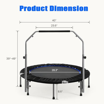 48" Foldable Mini Trampoline for Kids & Adults, Fitness Rebounder with 5-Level Adjustable Foam Handle, Max Load 450 lbs, Indoor/Outdoor Exercise Trampoline for Home Workouts (Silver)