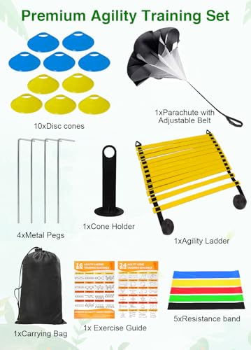 Hands Free Speed Agility Training Equipment Set - 20ft Agility Ladder, 10 Disc Cones, Resistance Parachute, 5 Resistance Bands & Carry Bag | Football Soccer Basketball Fitness Drills