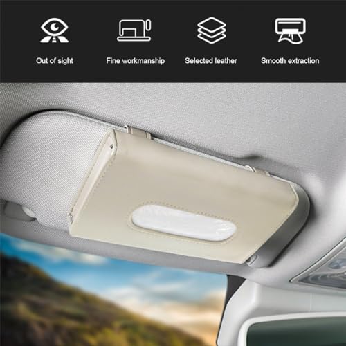 Car Tissue Holder, Leather Sun Visor Napkin Holder, Auto Backseat Tissue Mask Case Dispenser for Most Vehicles, Universal Interior Car Accessories Hanging Tissues (Beige)