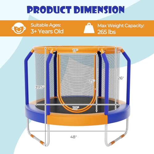 GYMAX Trampoline for Kids, 48” Toddler Trampoline with Enclosure Net, Non-Slip Handrail & Anti-Slip Foot Pads, Mini Kids Trampoline for Indoor/Outdoor, Backyard, Birthday Gift for Boys Girls