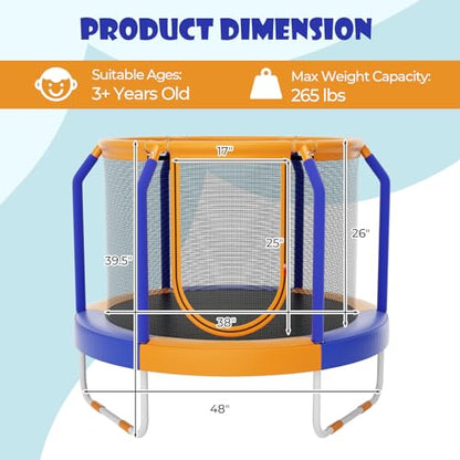 GYMAX Trampoline for Kids, 48” Toddler Trampoline with Enclosure Net, Non-Slip Handrail & Anti-Slip Foot Pads, Mini Kids Trampoline for Indoor/Outdoor, Backyard, Birthday Gift for Boys Girls