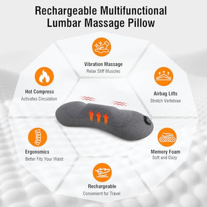 3-in-1 Rechargeable Electric Lumbar Support Pillow with Heat & Massage & Traction, Ergonomic Lower Back Massager for Pain Relief Deep Tissue, Ideal for Car/Bed/Sleeping/Office Chair/Travel