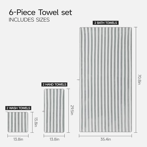 REDKISS Ultra Soft Bath Towel Sets 6-Piece 35"x70" | 100% Microfiber, Highly Absorbent & Quick Dry | Grey Towels for Bathroom, Spa, Gym | 2 Bath, 2 Hand, 2 Washcloths - color: Light Gray