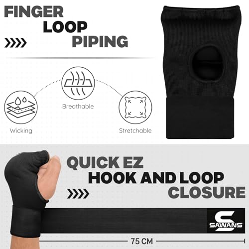 SAWANS Boxing Hand Wraps Inner Gloves for Hand Protection Long Wrist Straps Elasticated, Padded Martial Arts Combat Gloves Punching Bag Training Gel Mitts Muay Thai MMA - size: Small-Medium