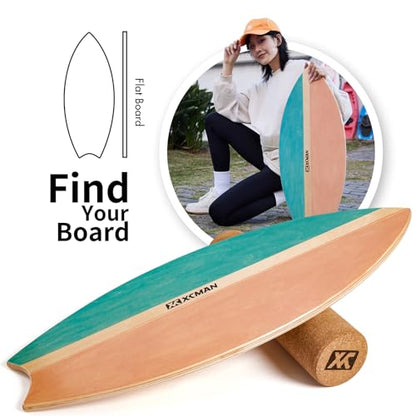 XCMAN Surf Balance Board Trainer with Roller Wooden Exercise Balancing Stability Trainer - Non Slip Surface for Adults Kids|Balance Board for Surfing,Snowboarding,Skateboarding,Hockey,Yoga Training