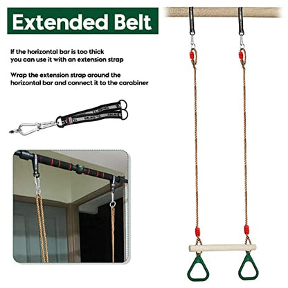 Trapeze Swing Bar with Rings, Wooden Trapeze Swing Bar with Plastic Gym Rings Adjustable Rope, Locking Straps, Outdoor Swing Set Playground Accessories for Kids (Green)
