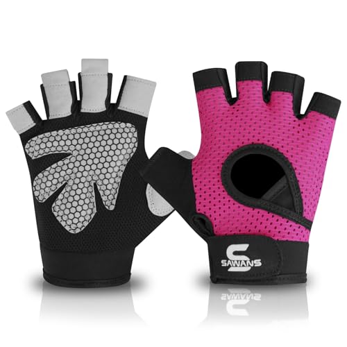 SAWANS Gym Gloves for Men & Women Ladies Weight Lifting Gloves Fitness Workout Breathable Training Non-Slip Grip Silicone Palm Protection Exercise Snug fit Hanging Pull-Ups Dumbbell - color: Pink, size: X-Large