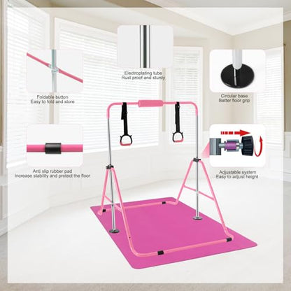 Gymnastics Bar for Girls Boys (A-G-E-S 3-10) with Rings, Folding Gymnastics Bars Horizontal Bar, Expandable for Home Training Gifts for Girls Boys