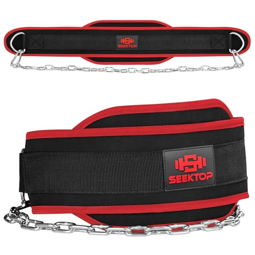 Seektop Dip Belt With Chain for Weightlifting - Neoprene Waist Belt for GYM Workout, Pull Ups, Crossfit, Weight Lifting, Squat, Training, Fitness - for Men & Women - color: Red