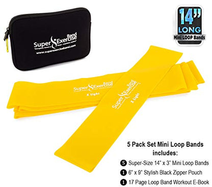 USA 14" x 3" Extra Long Latex Free Mini Loop Bands in 3, 5, 10 Pack Sets. 10 Strengths for Resistance Training, Stretching, Yoga, Toning. Plus an Exclusive iPhone App and E-Book. - color: f. Yellow X LIGHT Loop Band 5 Pack