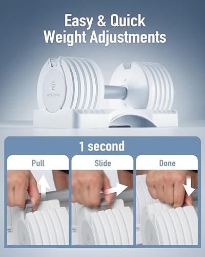 BYZOOM FITNESS Pure Series Adjustable Dumbbell - 12.5/25/27.5/50/55/75lb - ONE UNIT OR PAIR(check QTY before purchase) - 5-in-1/ 10-in-1 / 15-in-1 / 21-in-1 Flexible Hand Weights for Home Apartment Garage Gym, Strength Training & Fitness Workouts, White O