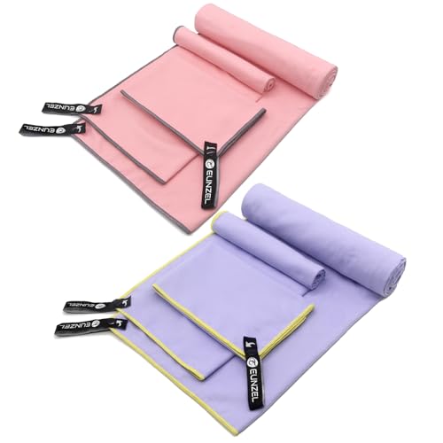 Eunzel 2 Set Quick Dry Camping Towel, Microfiber Travel Towel Super Absorbent Fast Drying Towel for Camping, Beach, Gym, Backpacking & Swimming(Two 3-Piece Towel Sets, Taro Purple/Pink) - color: Taro Purple/Pink, size: Multi-Size Set - 2 Pack (6 Towels)