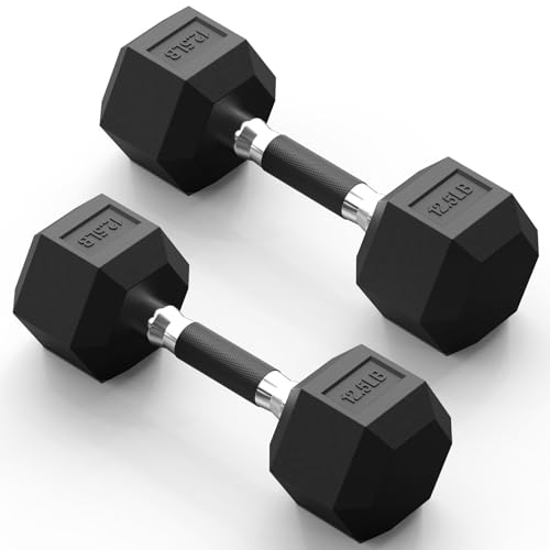 PAPABABE Hex Dumbbell Set with Rubber Grip 2.5-125lb, Odorless Rubber Coated Weight Fixed Dumbbells Set of 2/Single, Weights for Women at Home, Hand Weights for Home Gym & Strength Training,Pesas Para Ejercicios - size: 12.5 lb, Pair, style: Rubber Grip