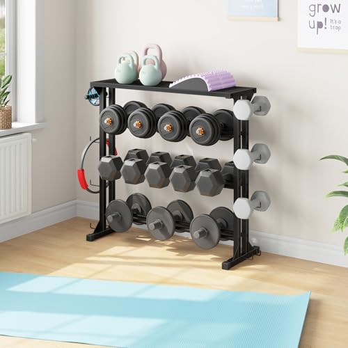 HOOBRO Dumbbell Rack - 4 Tiers Weight Rack for Home Gym, Heavy Duty Weight Storage Racks for Dumbells, Kettlebells, Barbells, Space-Saving Dumbbell Storage Stand Holder with Side Hooks, Black BK87CJ01N1