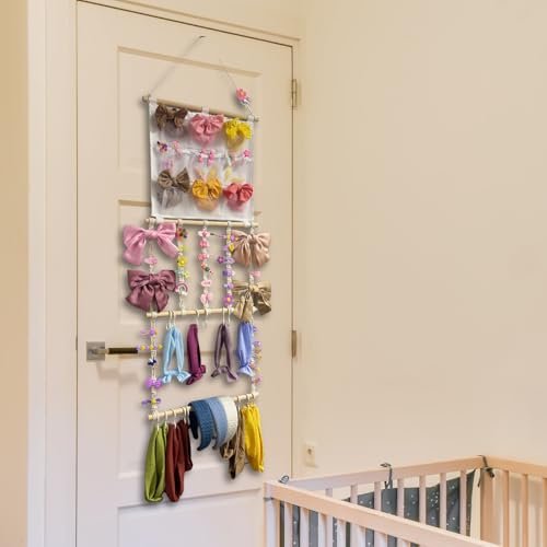 Hair Bows Organizer for Girls, Headband Holder | Hair Accessories Hanger, Cotton Rope, 9 Mesh Pockets & 20 Hooks, Large Capacity, Wall-Mounted Clip Storage, 41x15 in, Boho