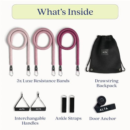 ALTA Resistance Tube Bands for Women - Full Kit Resistance Bands for Working Out with Handles, Ankle Straps, Door Anchor – Home Workout Bands for Physical Therapy, Pilates Long Exercise Bands Set