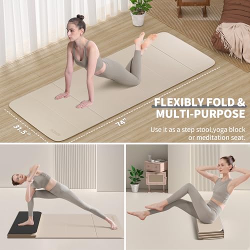 Foldable Extra Large Yoga Mat 74"×31.5", 8mm Double-Sided Non Slip Lightweight Fitness Mat for Man & Woman, Portable for Home Studio & Travel - color: Beige+Black