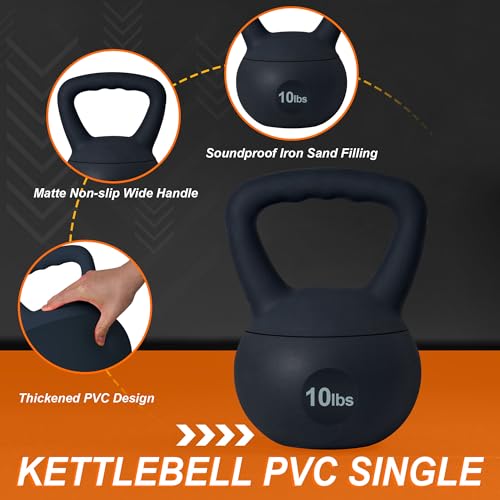 soges PVC One-Piece Kettlebell with Wide Handles, Strength Training Kettlebells 5lb to 35lb Optional for Women of Different Levels, Iron Sand Filled Soft Kettlebell - color: 10lbs - Black