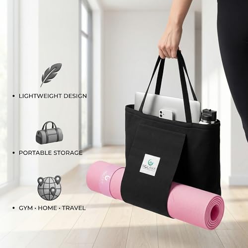 Nolava Yoga Mat with Bag – 72 x 24 inch, 1/4 inch Thick Non-Slip Mat – Includes Slap Band, Black Zippered Carry Tote with Mat Sleeve & Inner Pocket – For Yoga, Pilates, Home or Studio.
