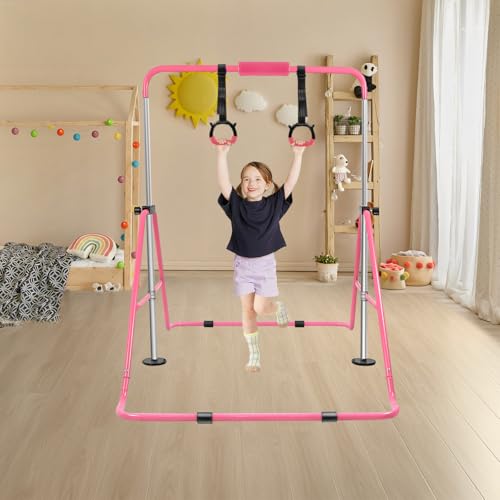 Gymnastics Bar for Girls Boys (A-G-E-S 3-10) with Rings, Folding Gymnastics Bars Horizontal Bar, Expandable for Home Training Gifts for Girls Boys