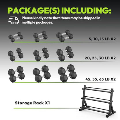 HANDBODE 3-Tier Dumbbell Rack Stand, 1000LB Capacity Storage Rack, Weight Rack for Dumbbells, Kettlebell, 390–700 lb Rubber Coated Fixed Weight Sets, Home Gym Strength Training Equipment - color: 540 lb Set (5-65 lb) *2 & Rack