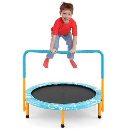 GYMAX Indoor Trampoline, 36” ASTM Approved Kids Trampoline with Removable Handrails & Safety Pad, Spring-Free Folding Mini Rebounder, Small Fitness Trampoline for Toddler/Adults