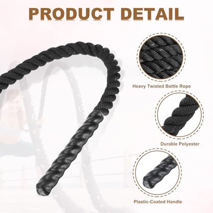 MECCANIXITY Battle Rope 10ft x 1 Inch Polyester Workout Rope Heavy Fitness Exercise Rope for Strength Training Home Gym Muscle Building, Black