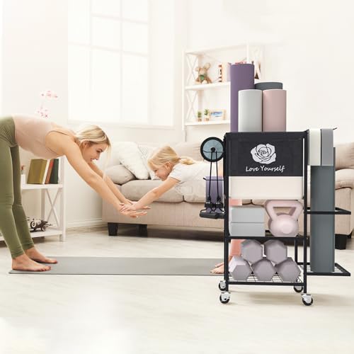 Multi-Functional Home Gym Storage Rack,All-in-One Weight Rack,Yoga Mat Foam Rollder Holder with Wheels and Side Holder - color: Black