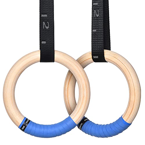 Gymnastics Rings Wooden Olympic Rings 1500/1000lbs with Adjustable Cam Buckle 14.76ft/9ft Long Straps with Scale Non-Slip Gym Rings for Home Gym Full Body Workout