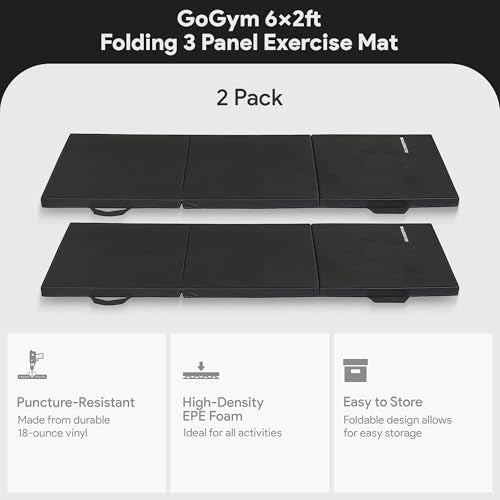 BalanceFrom 2-Pack 6x2 Feet 3-Panel Folding Gymnastics Mat, Black – 2-Inch Thick Pad with Vinyl Surface and Carrying Handles for Tumbling, Yoga, Pilates, Home Workouts, and Martial Arts