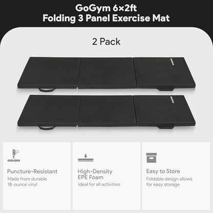 BalanceFrom 2-Pack 6x2 Feet 3-Panel Folding Gymnastics Mat, Black – 2-Inch Thick Pad with Vinyl Surface and Carrying Handles for Tumbling, Yoga, Pilates, Home Workouts, and Martial Arts