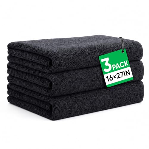 TEAWOO Salon Towels 3 Pack, Super Absorbent Soft Black (16x27IN) Microfiber Hair Towels for Bathroom, Spa, Gym & Home Beauty Care
