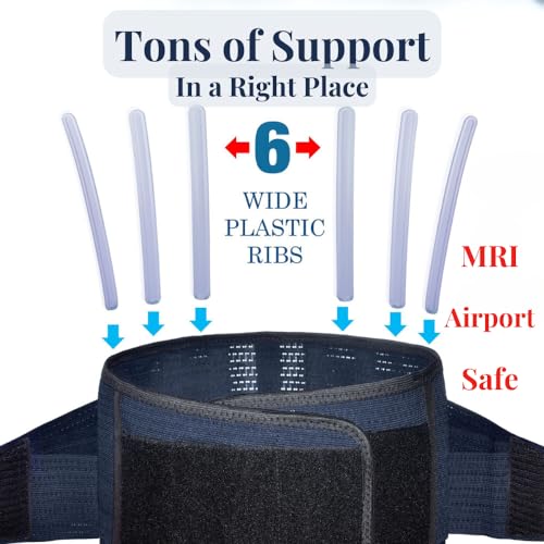 Back Support Lower Back Brace for Back Pain Relief: Thin Breathable Rigid 6 ribs Adjustable Lumbar Support Belt for Men/Women Keeps Spine Straight and Safe – Medium - size: Medium