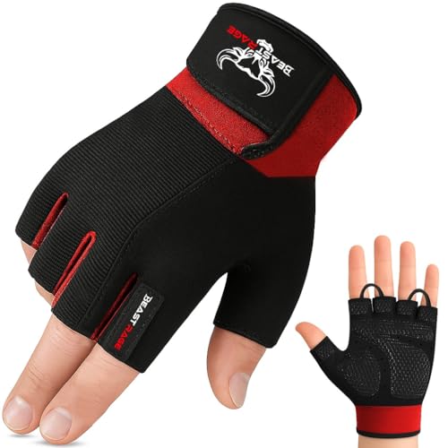 BEAST RAGE Workout Gloves for Men, Durable Palm Grip Gym Gloves Women Half Finger Elasticated Training Weight Lifting Strength Bodybuilding Anti Slip Cycling Gloves Exercise - color: Red, size: Small