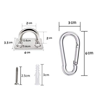 4Pcs M6 304 Stainless Steel Oblong Pad Eye Plate and 4Pcs Carabiner Clips, Marine Hardware Staple Hook Loop with 16 Screws and Plastic Plugs - size: M6 square pad 8