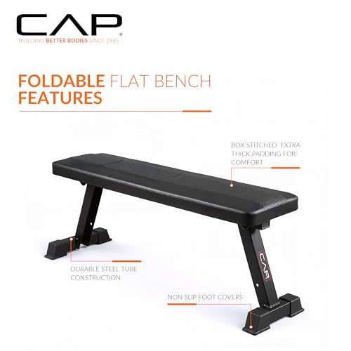 CAP Barbell Foldable Flat Weight Bench | Folding Workout Bench with Steel Frame, Thick Box-Stitched Padding & 600 LB Capacity | Compact Home Gym Strength Training Bench