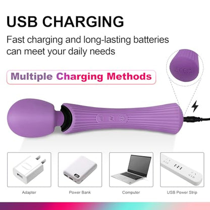 Handheld Wand Massager - Rechargeable Cordless Body Massager with 12 Vibration Patterns & 3 Speeds - Waterproof Silicone Percussion Massager for Neck, Shoulder, Back Muscle Relief - Rose Purple