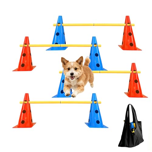 TNZMART Dog Agility Jumps Hurdles and Weave Poles Training Equipment Set Adjustable Dog Cones Obstacle Course for Backyard Portable Canine Exercise Kit with Carry Bag (Mix 4, 13 in)