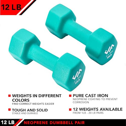 JFIT Dumbbell Pairs or Sets – Neoprene & Vinyl Coated Hand Weights for Home Gym, Strength Training, Aerobics, Cardio Exercise and Fitness - size: 12 lbs (Pair), style: Dumbbell Pair