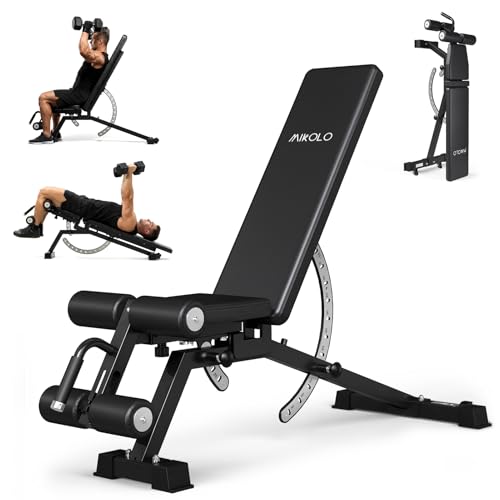 Mikolo 1200LB Weight Bench, Adjustable Workout Bench with Detachable Leg Support, Vertical Storage Space-Saving Exercise Bench for Home Gym, Incline Flat Decline Sit Up Bench for Full Body Fitness