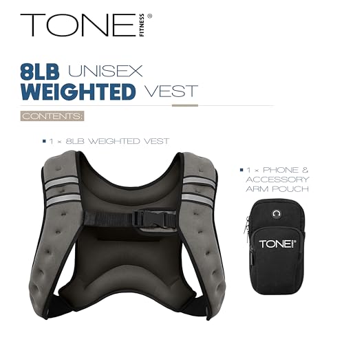 TONE Fitness 8LB Weighted Vest – Women’s & Men’s Workout Vest with Phone Pouch, Reflective Strips & Adjustable Fit for Walking, Running, Cardio & Strength Training | Gray/Blue - color: Gray