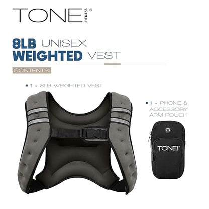 TONE Fitness 8LB Weighted Vest – Women’s & Men’s Workout Vest with Phone Pouch, Reflective Strips & Adjustable Fit for Walking, Running, Cardio & Strength Training | Gray/Blue - color: Gray
