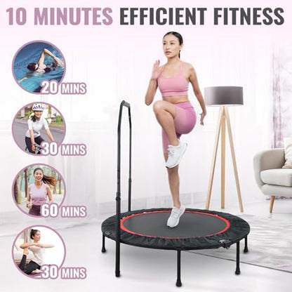 40 Inch Foldable Mini Tranpoline with Handle Bar, Indoor Exercise Rebounder Tranpoline for Adults Fitness, 4 Level Height Adjustable, Compact Storage Design, Max Load 300LBS