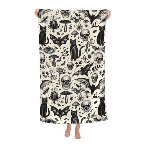 Gothic Retro Beach Towel,32x52in Microfiber Quick Dry Black Cat Skull Bat Mushroom Vintage Goth Bath Towels,Soft Lightweight Oversized Sand Free,for Travel Pool Swimming Decor - color: Gothic