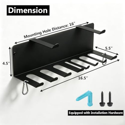Heavy Duty Gym Wall Storage Rack - 2 Tier Organizer with 8 Prongs for Resistance Bands, Yoga Mats, Jump Ropes, Foam Rollers - 16.5 Inch Black Powder Coated Steel Home Garage Equipment Holder